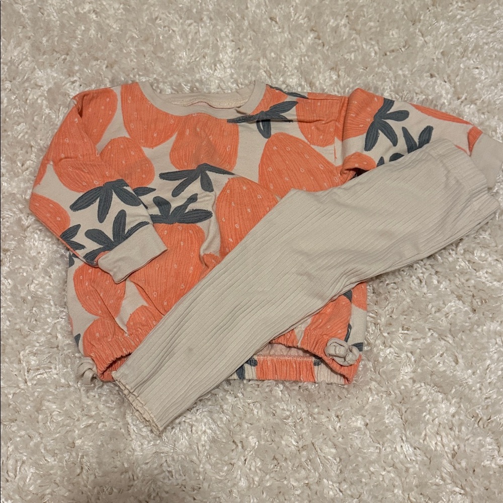 Coral and Cream strawberry Print Sweater and Pants Set